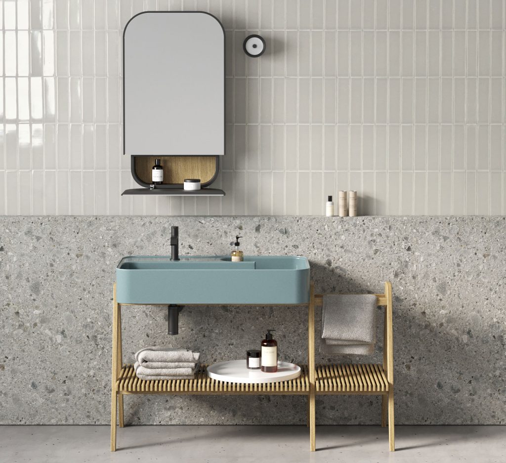 lavabo verde más mueble de madera de iroko nic